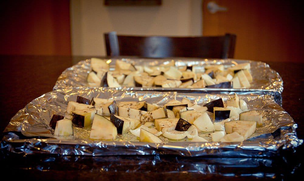 Eggplant and onion ready to go in the oven