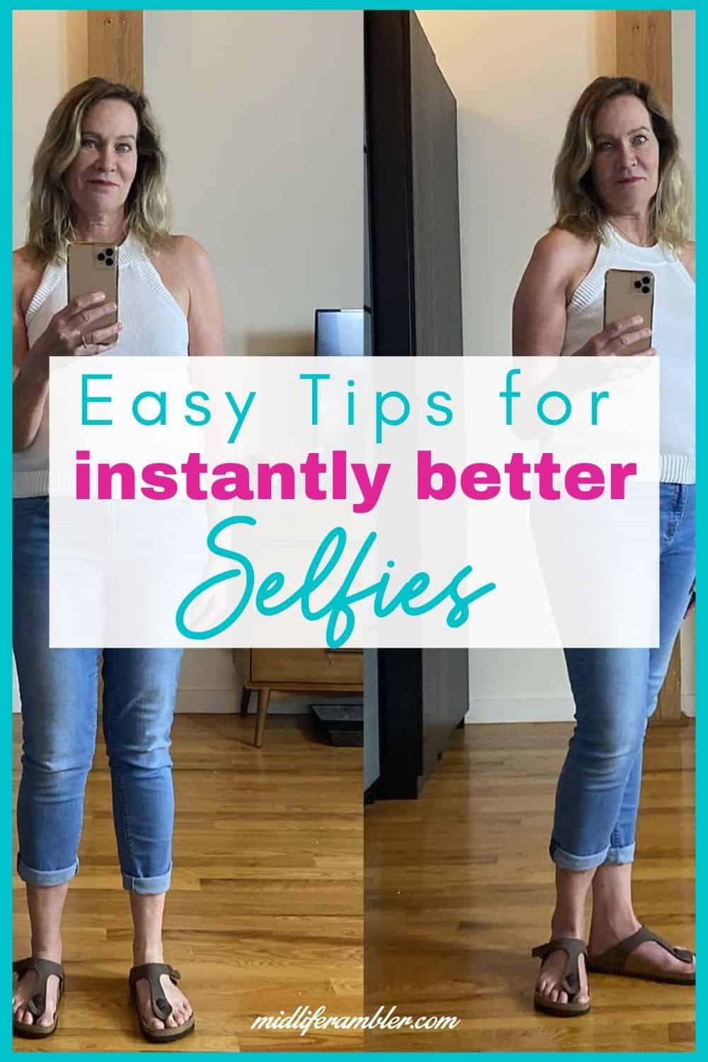 How to Take a Good Selfie Over 40 14 How to Take the Perfect Selfie Over 40 | Here's the secret to looking good in photos and taking the best selfies. How to angle your head to avoid a double chin, how to avoid that crazy eye look, how to pose to flatter your body and the best lighting for Instagram worthy photos. Plus simple changes you can make with apps on your phone to take things to the next level! #instagram #phototips #selfietips #midliferambler