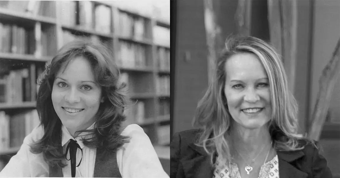 Katy Kozee at 18 without hooded eyes on the left and Katy Kozee at 50 on the right with hooded eyes