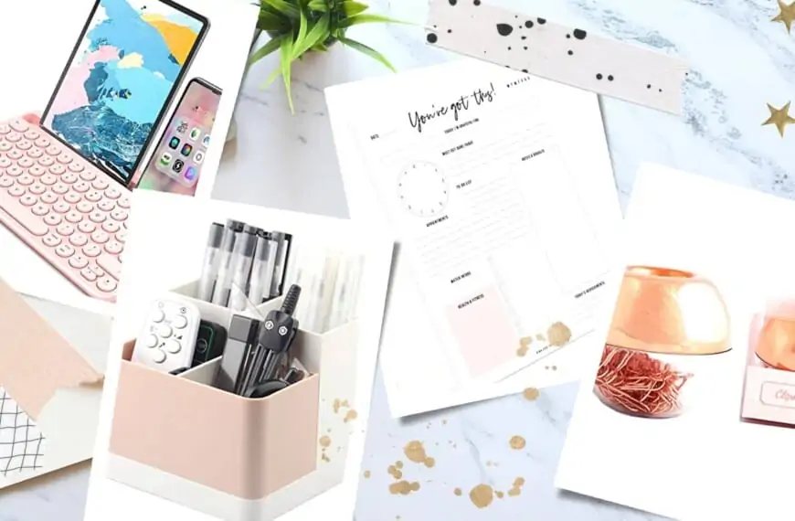 collage of home office gifts