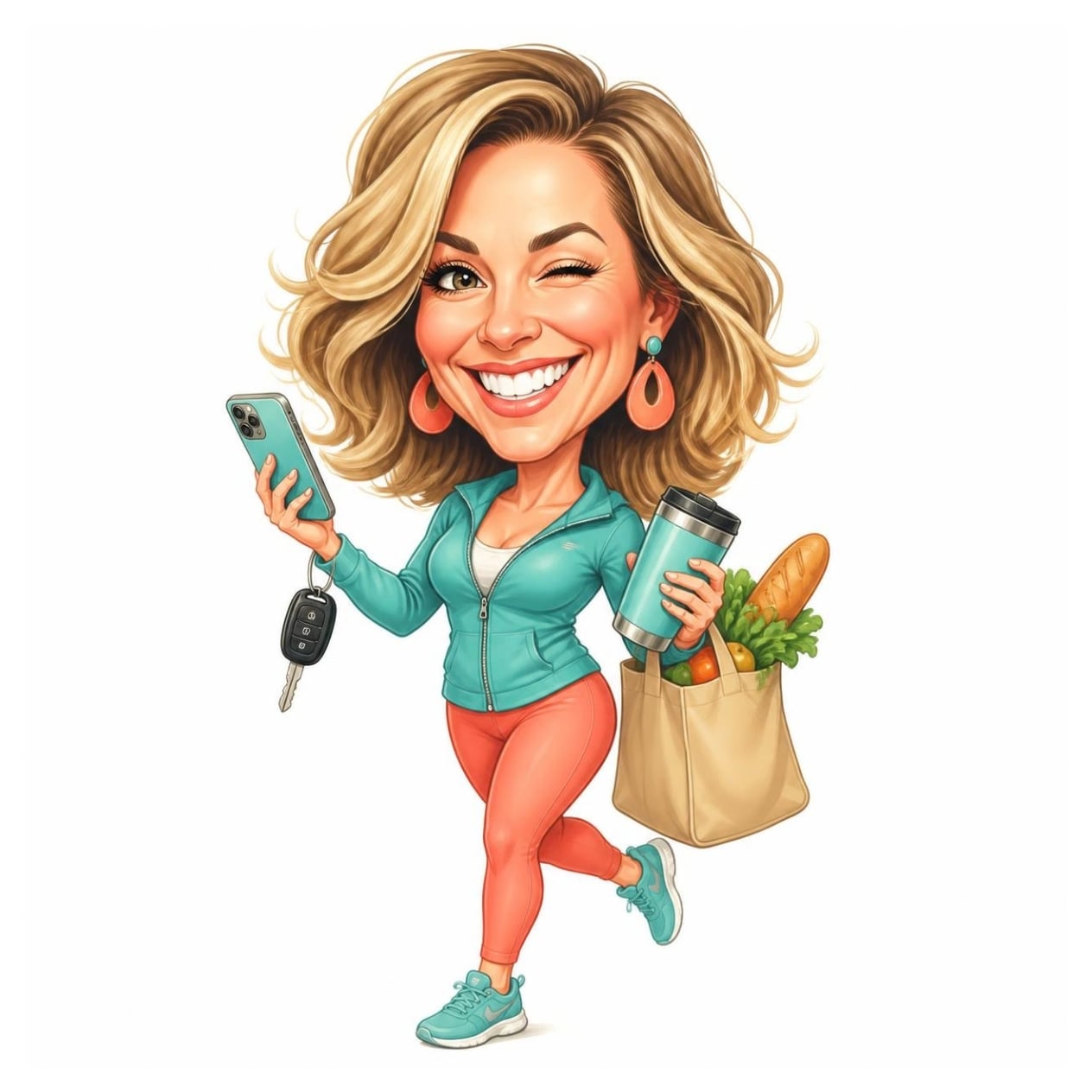 caricature of the author - woman holding phone and shopping bags